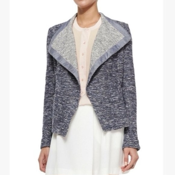 Vince - women’s drape neck cotton blend tweed Blue & Gray Open Front jacket ZS L - Picture 1 of 11